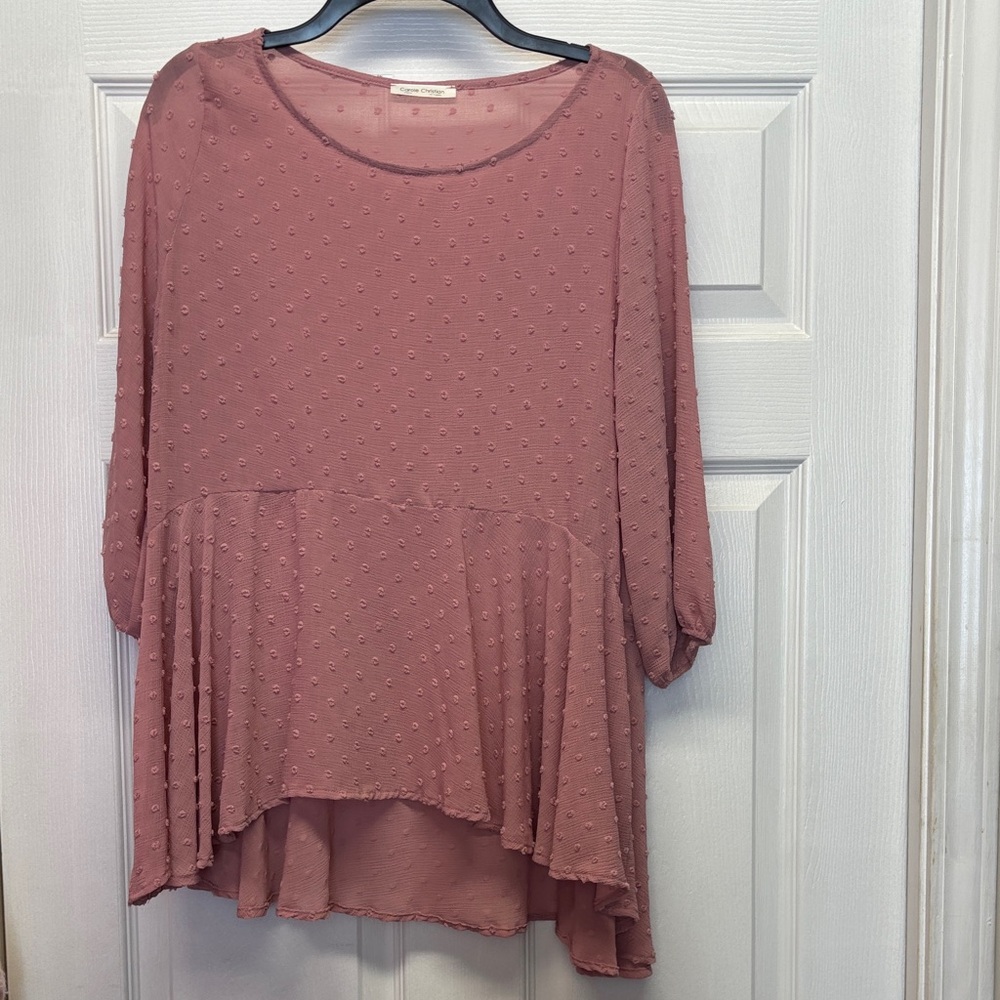 Carole Christian Blush Lightweight Women's Swiss Dot 3/4 Sleeve Peplum Top